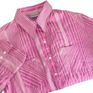 Chicos 1 Pink White Striped Button Down Top Size M Silk Blend Preppy Collared